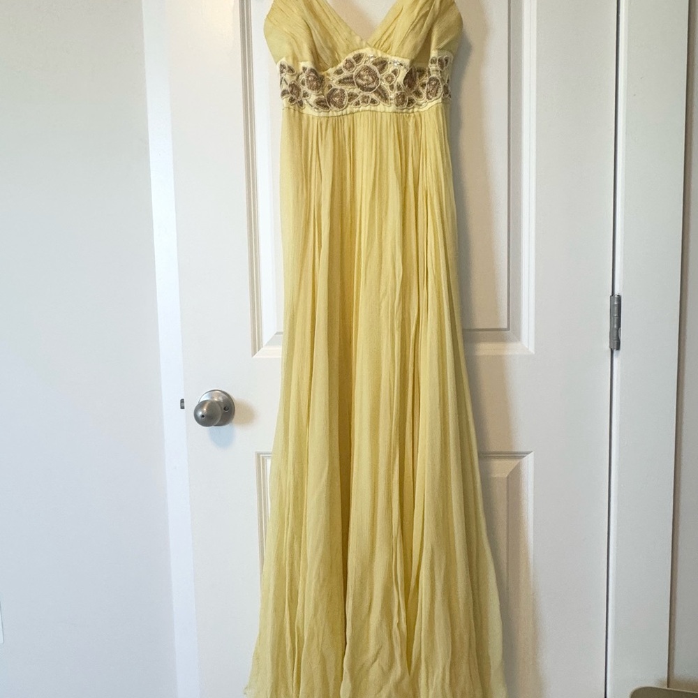 BCBGMaxAzria Yellow Maxi Dress with Brown Embellishments